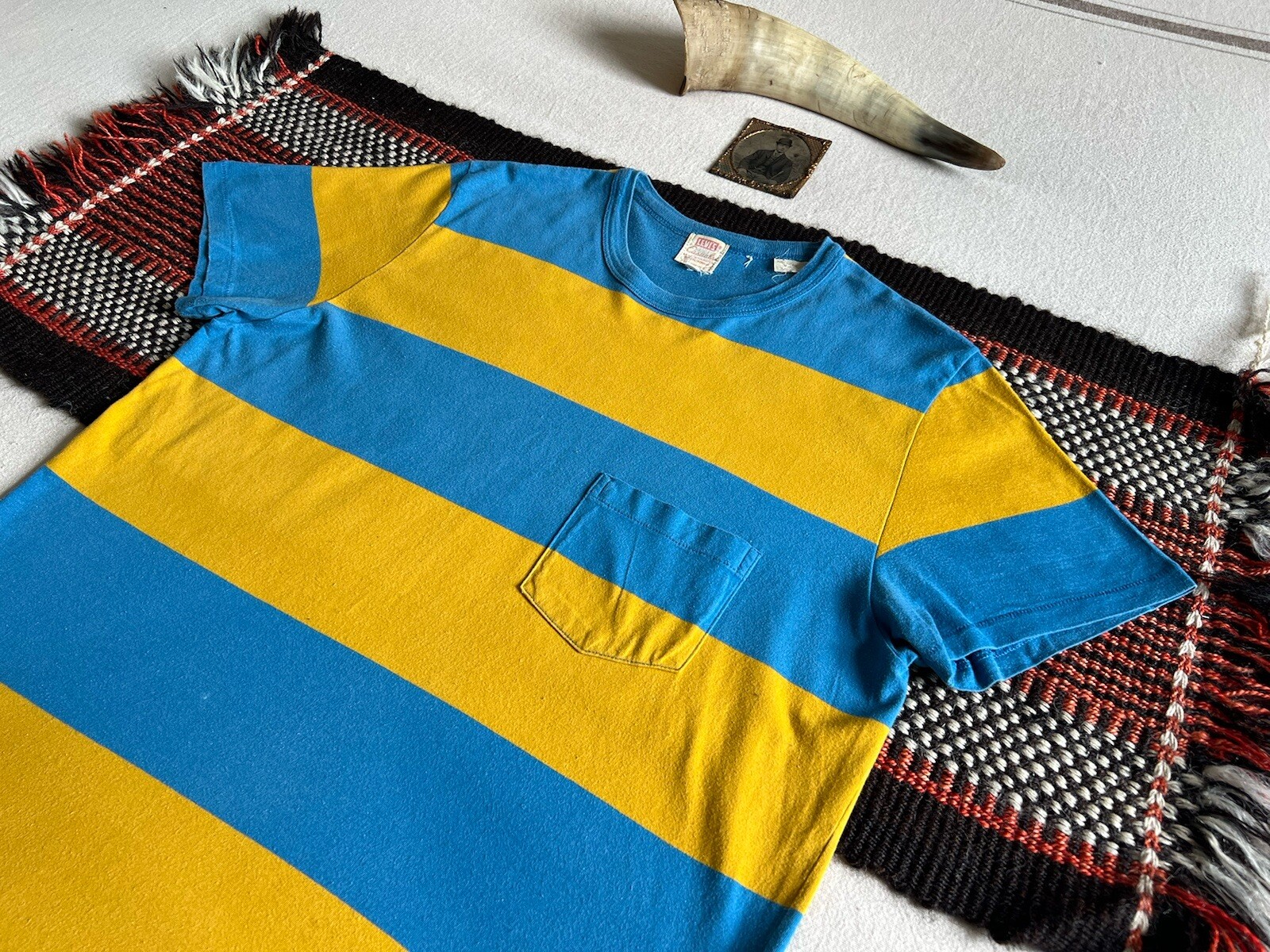 LVC T-Shirt M 50s Single Stitch Levi’s 2015 Wide Stripe Pocket Rare Blue Yellow gallery
