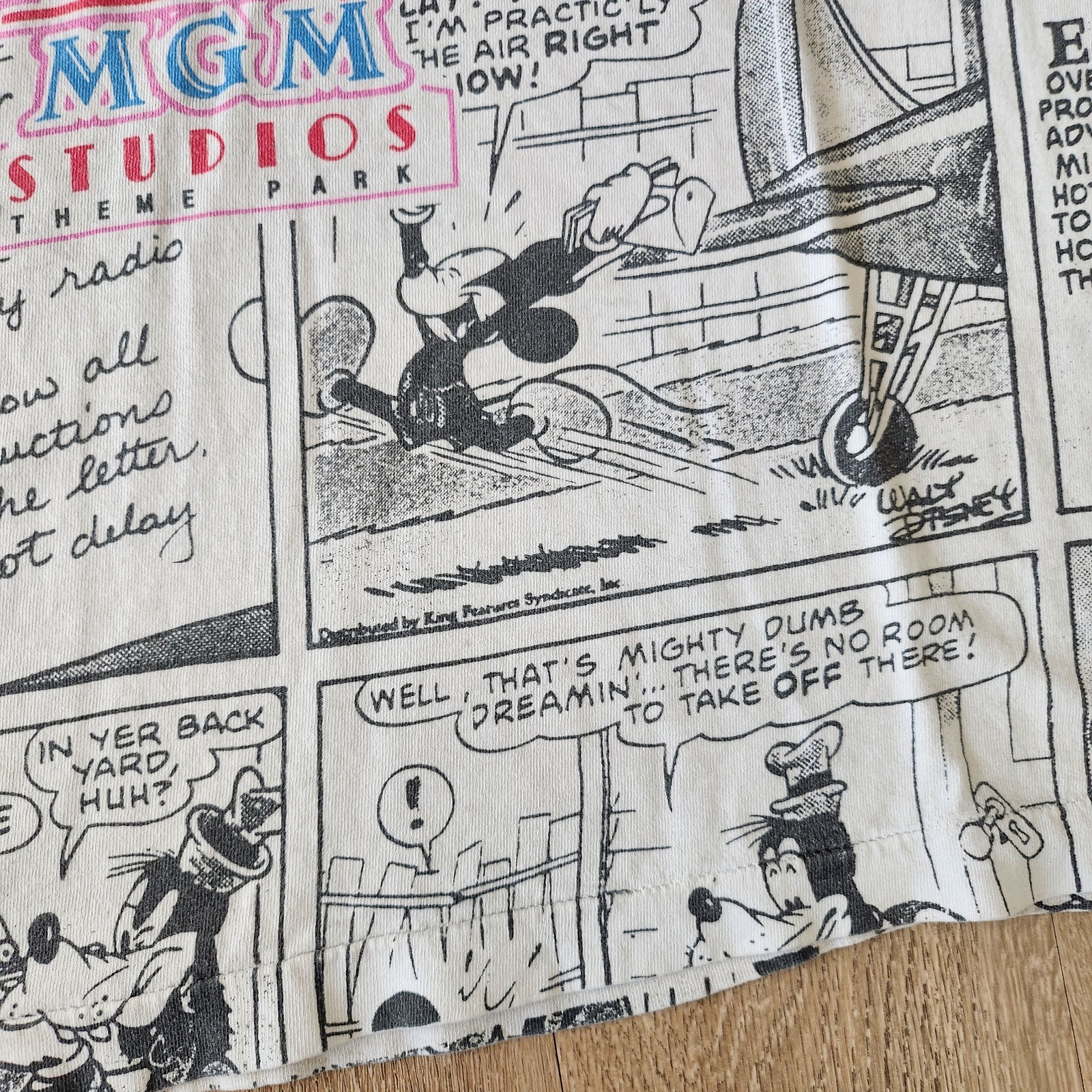 Vintage 90s Disney MGM Studios Comic Strip AOP Mickey Tshirt OSFA Single Stitch gallery