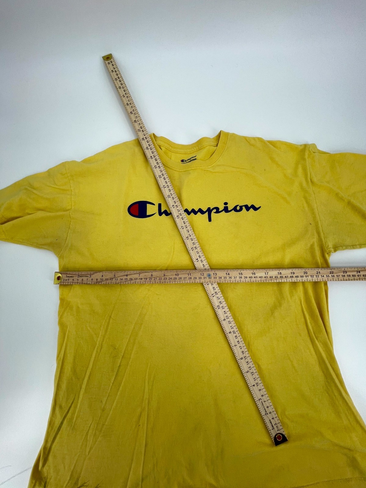 Champion T-Shirt Mens 1XL Yellow Spellout Logo Cotton Drop Shoulder Casual Wear gallery
