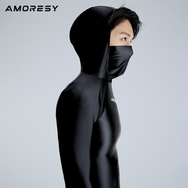 AMORESY Men Glossy Hooded T-shirt Sunscreen High Neck Long Sleeve Running Shirts