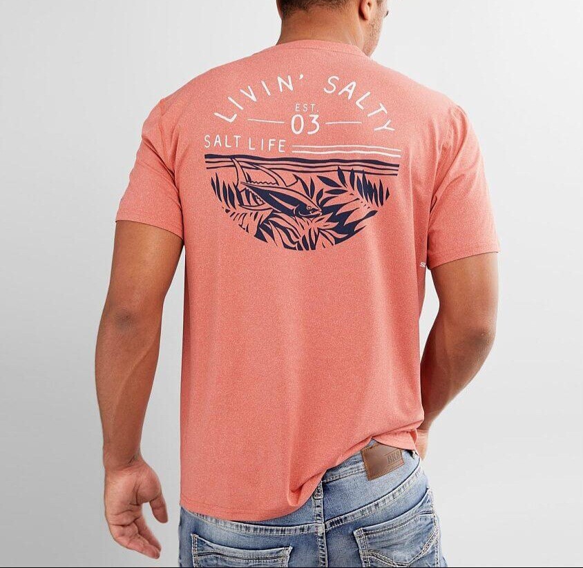 Salt Life Fish Tropics Performance T-Shirt Burnt Coral Heather Size Medium gallery