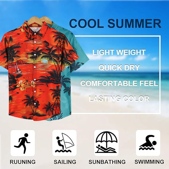 Men Hawaiian Shirts Floral Palm Tree Sunset Surf Beach Party Holiday Stag Dance gallery