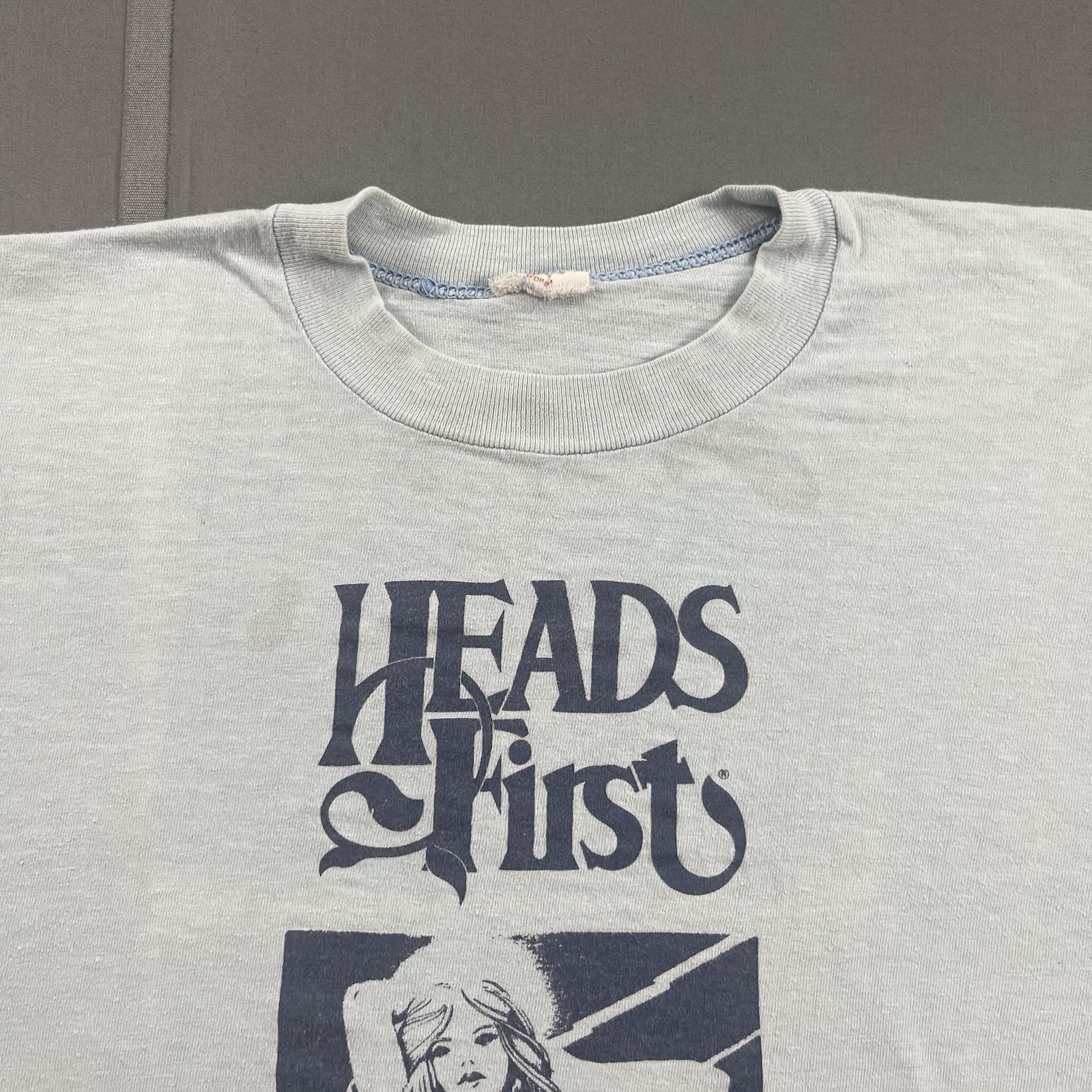 1970s Heads First Vintage Graphic T-Shirt Angel Double Sided Blue Size Medium gallery