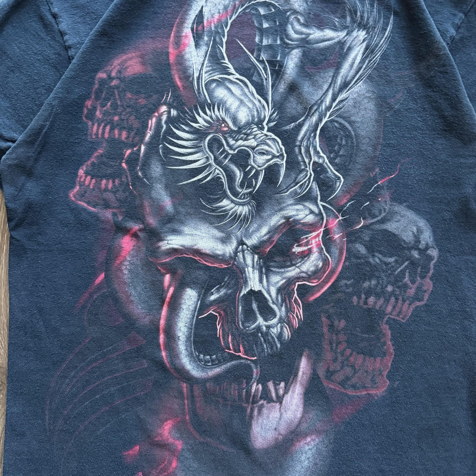Y2K Grunge Skater Shirt Gothic Dragon Skull Large Black Horror Graphic Tee gallery