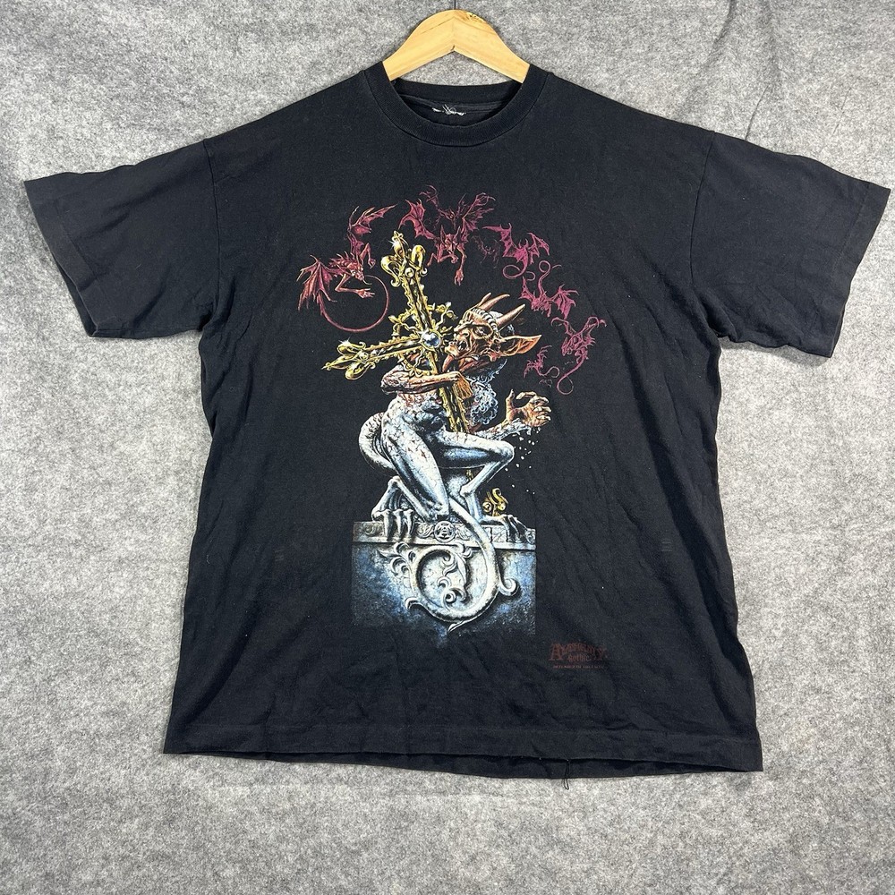 Vintage Alchemy Gothic Demon Devil Cross T-Shirt Faded Black Distressed L RARE