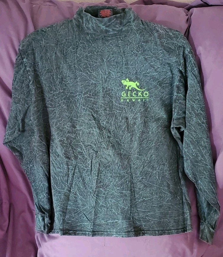 Gecko Hawaii 1980s Long sleeve Mock Neck Size L Gecko Surfing Green Multicolor