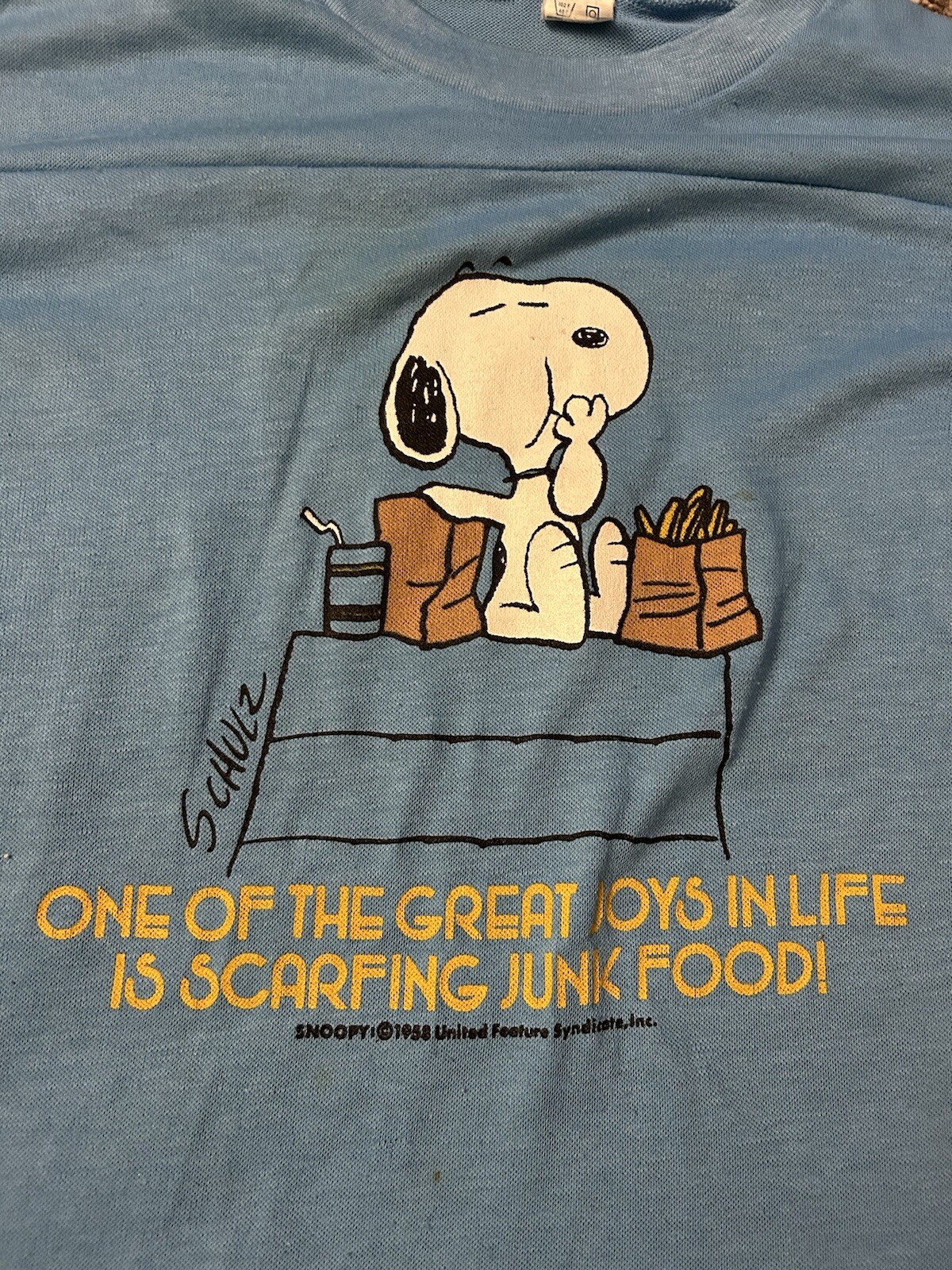 VTG 70s Snoopy Junk Food Baby Blue Single Stitch Shirt Schultz Artex Large RARE gallery