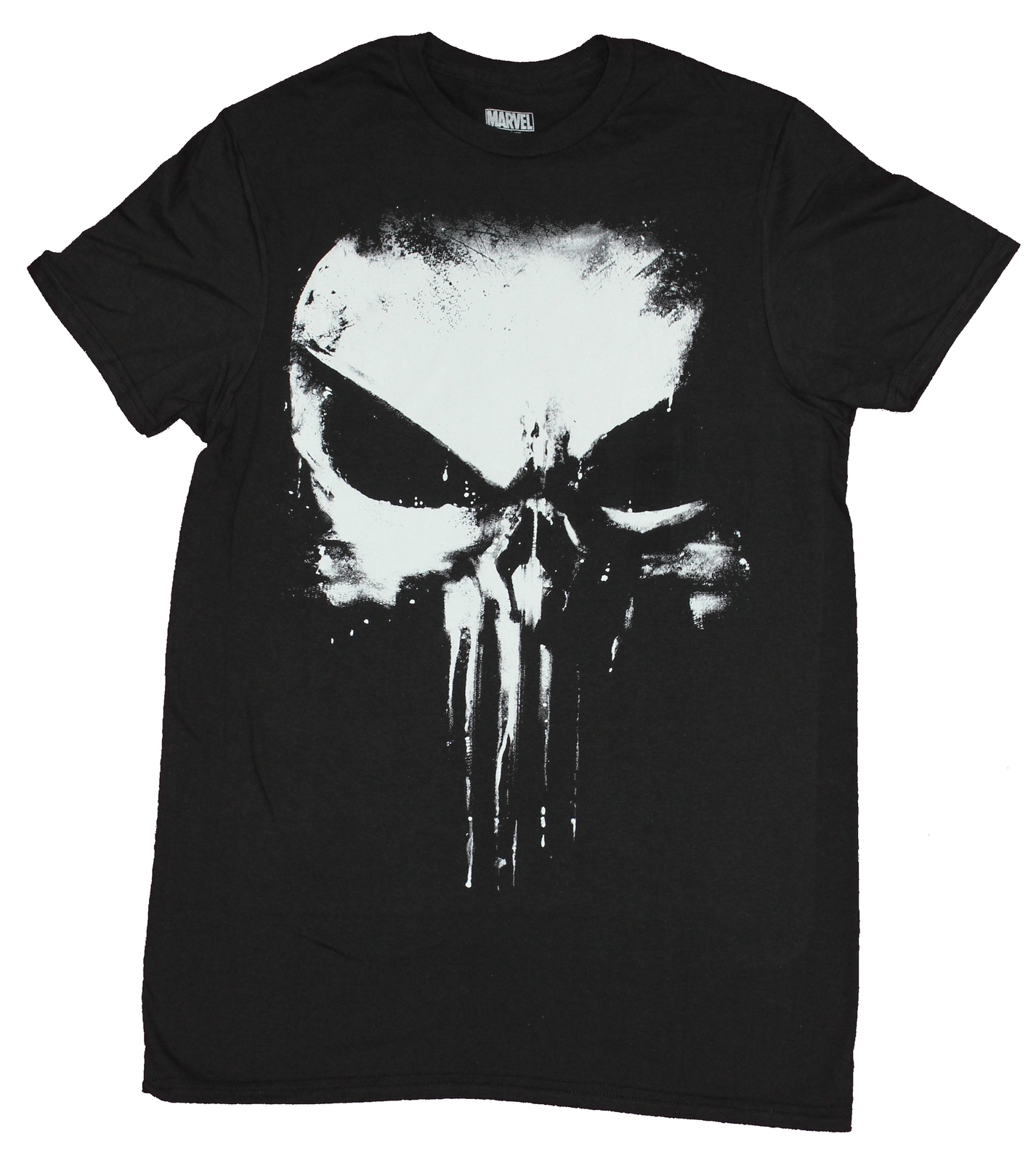 Punisher Adult New T-Shirt – Splattered Half in Shadow Skull Logo