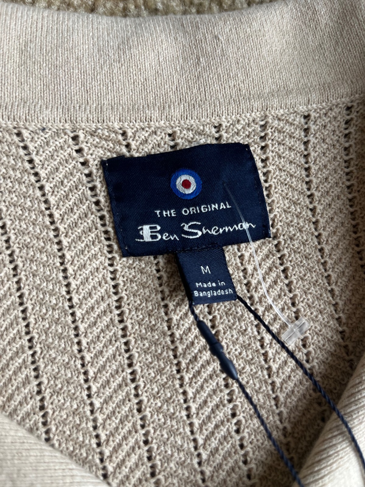 Ben Sherman Knit Polo Shirt Mens Medium Oatmeal Textured Button Front Resort NWT gallery