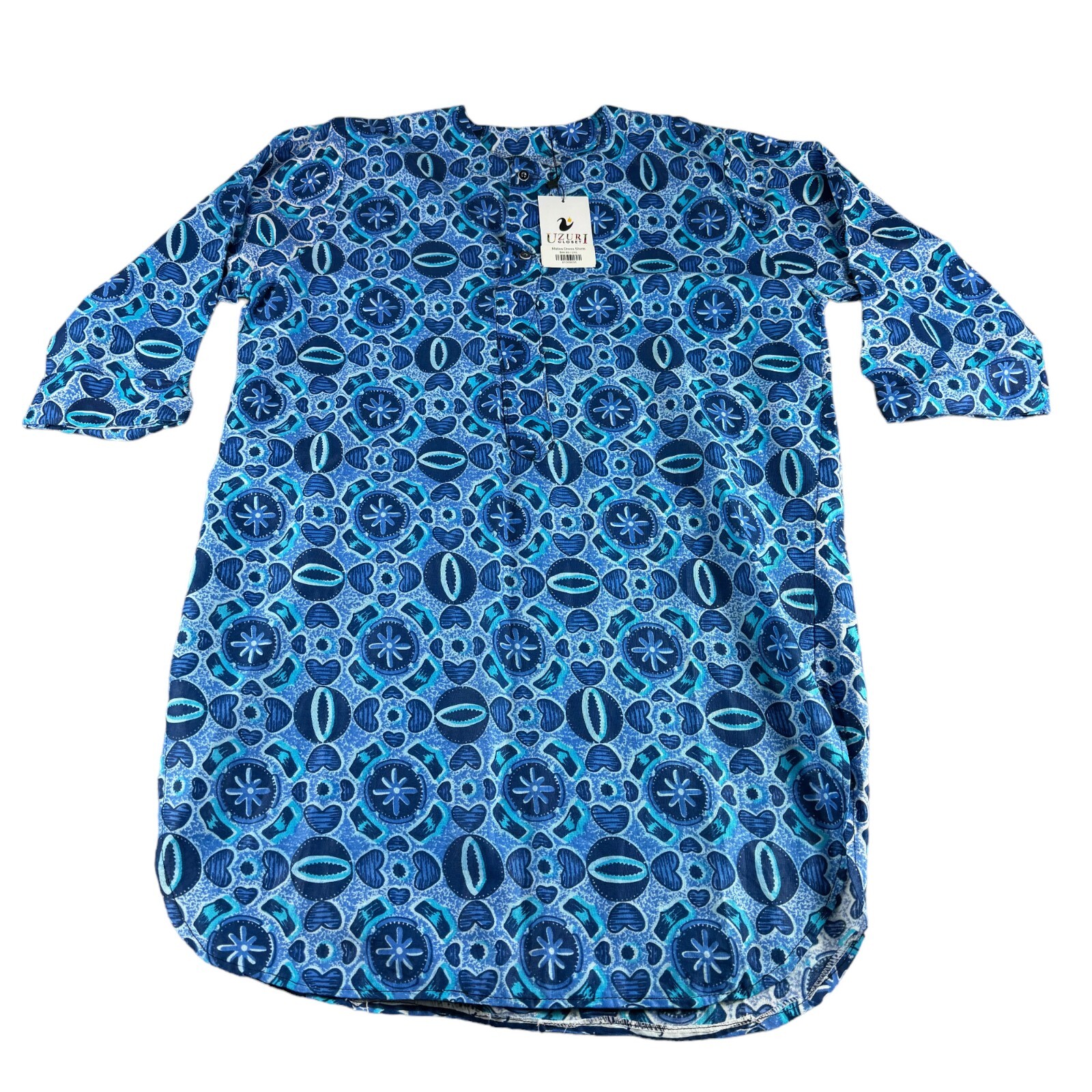 Uzuri Closet Dress Shirt Men's 2XL Blue Matina African 3/4 Sleeve Geometric NWT gallery