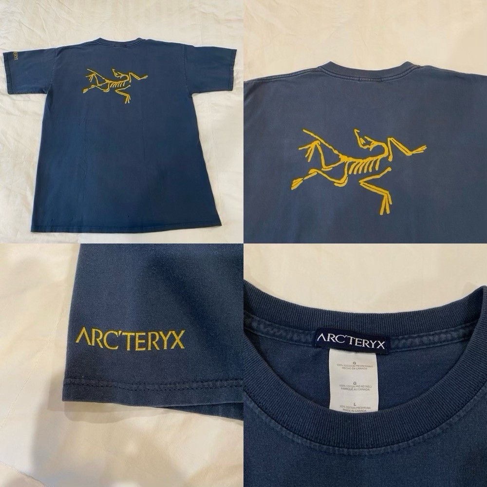 Vintage 90s Arcteryx Big Tag Tee – Mens Large – Blue – Back & Sleeve Graphic