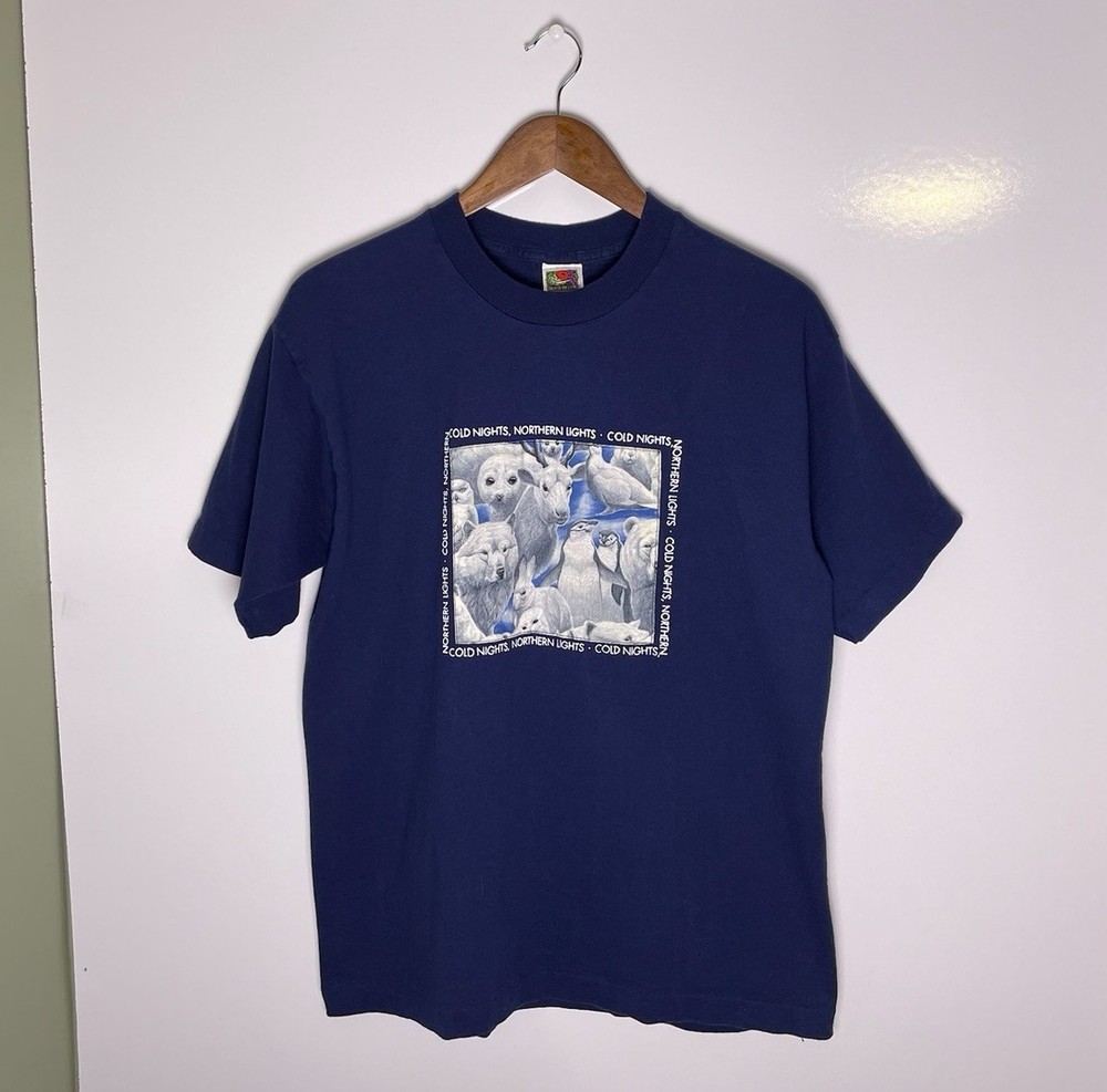 Vtg 90s Cold Nights Northern Lights Arctic Animals Single Stitch T-Shirt Size L