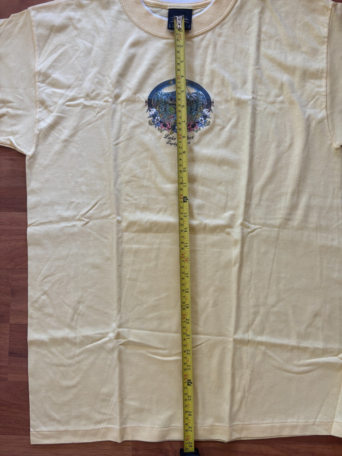 Vintage Lake Tahoe T Shirt. Yellow, Glitter Mountain, Stream, and flower print gallery