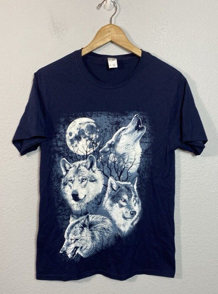 Men’s Huge Front Graphic Howling Wolves T-shirt Small Blue Screen Print Wolf