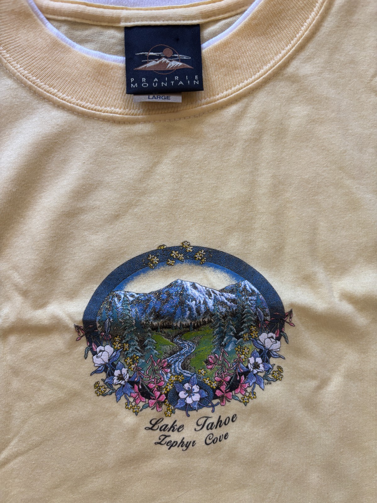 Vintage Lake Tahoe T Shirt. Yellow, Glitter Mountain, Stream, and flower print gallery