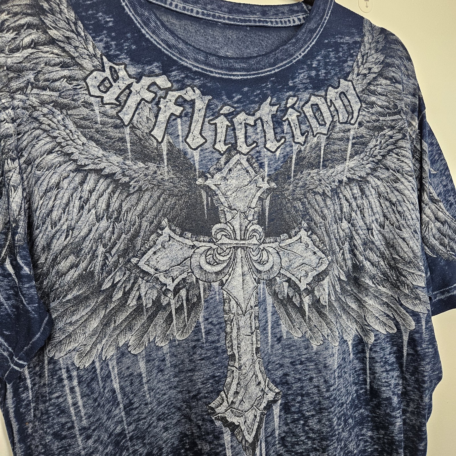 Affliction Shirt Mens Size L Blue Distressed Paper Thin Cross Wings Biker Y2K gallery