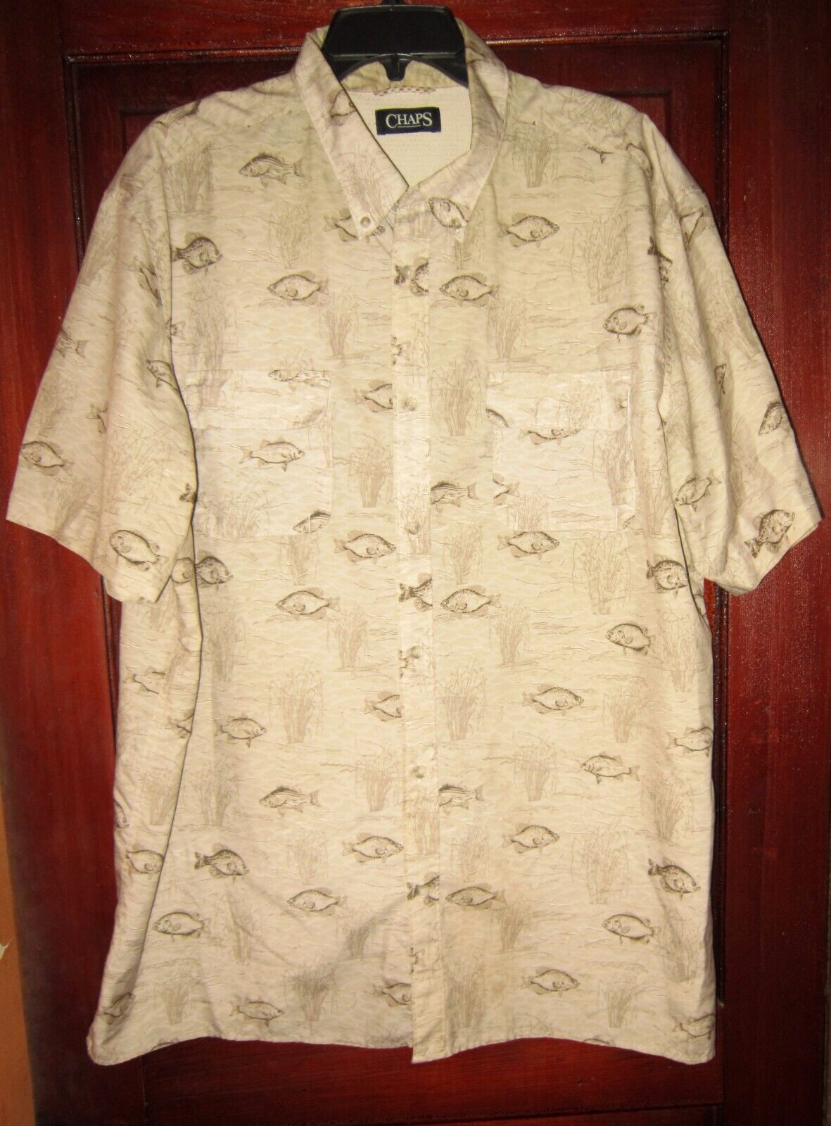 Chaps Ralph Lauren Men’s XXL Button Down Shirt Short Sleeve Fish Print Pockets