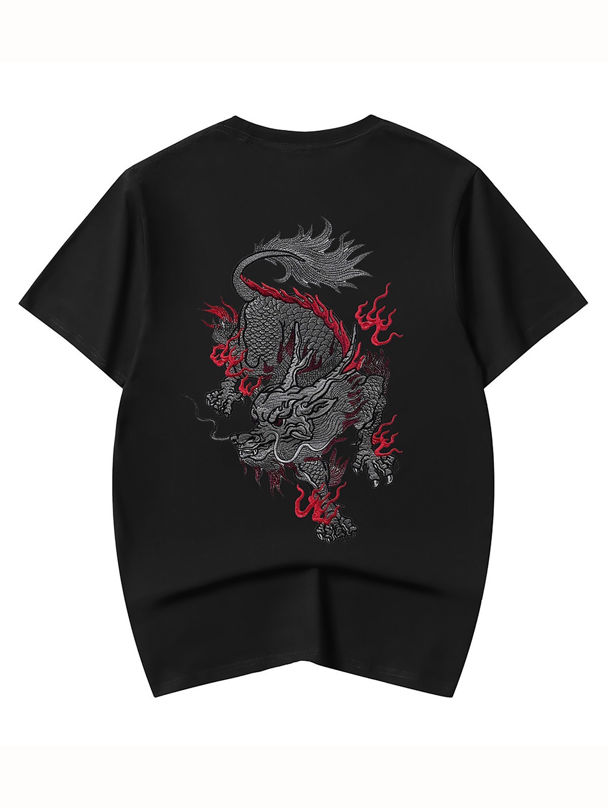 Niepce Men's Dragon with Red Flames Embroidery Tee Japanese Streetwear T-Shirt gallery