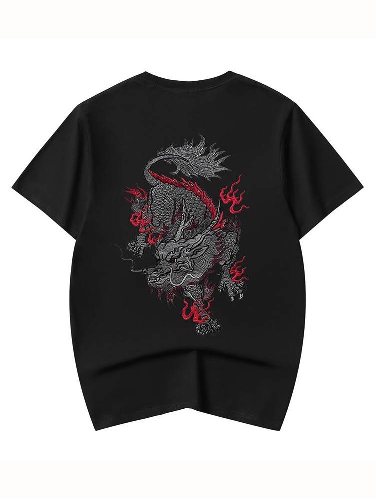 Niepce Men’s Dragon with Red Flames Embroidery Tee Japanese Streetwear T-Shirt