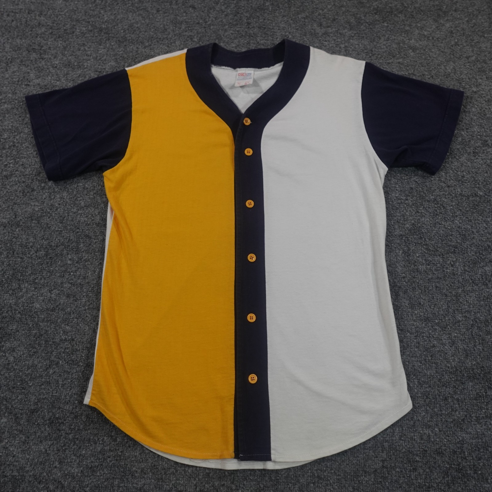 Vintage 80s Baseball Jersey Mens M Yellow Color Block Blank Button Shirt 0363 gallery