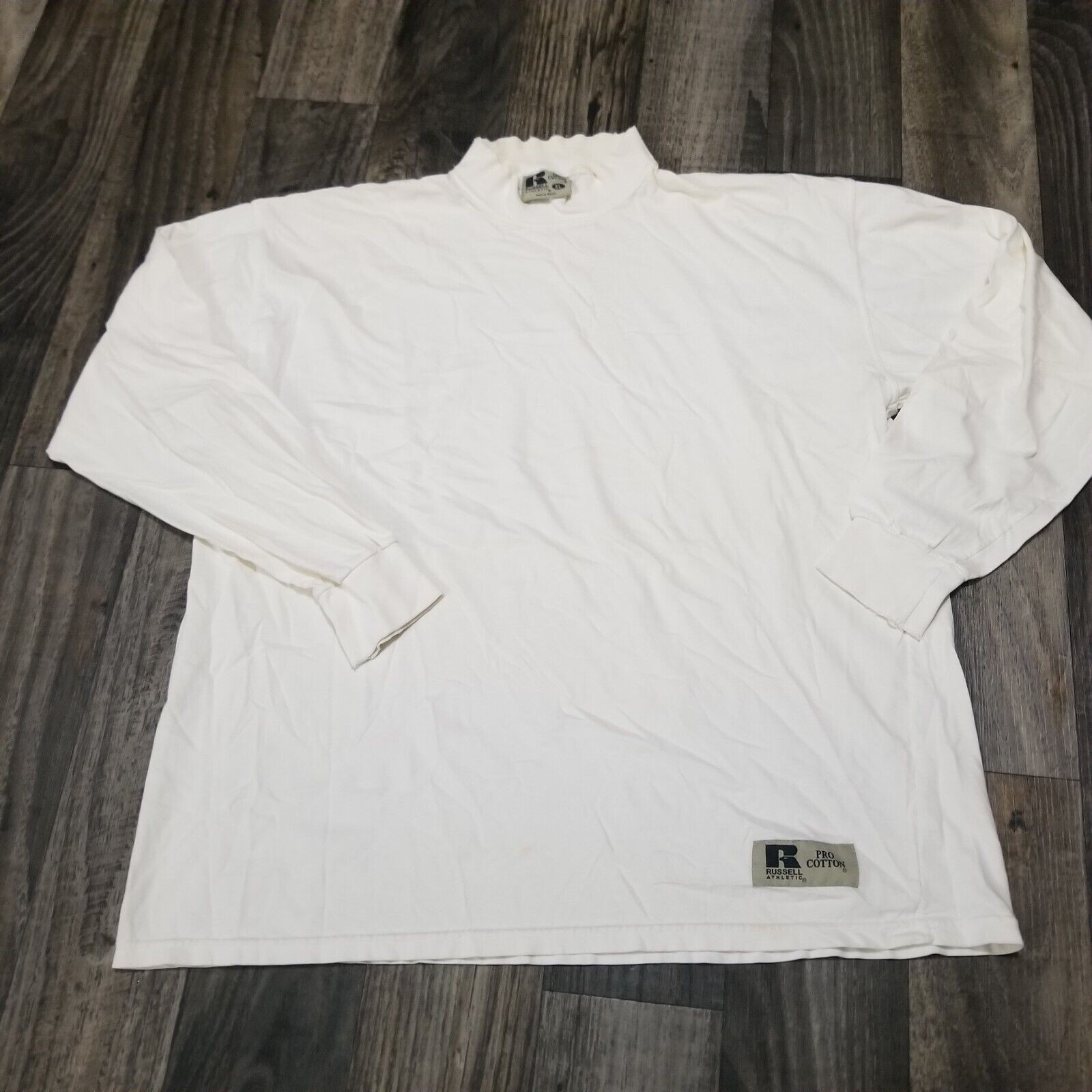 VTG Russell Athletic Longsleeve Mens High Neck Blank Pullover Made USA XL Cream gallery