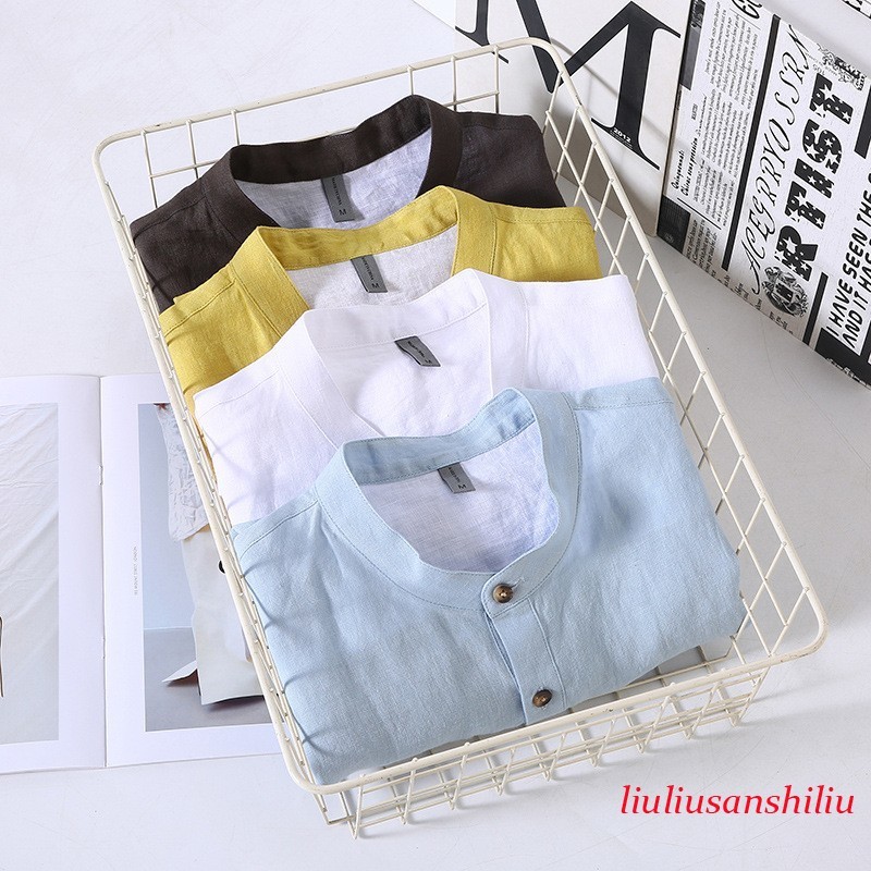 Retro Style Short Sleeve Pullover Mens Stand Collar 100% Linen Shirt Half Button gallery