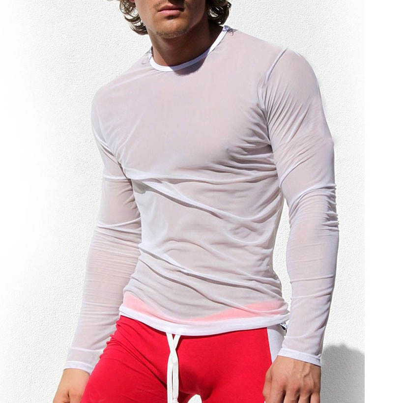 Sexy Men New Sports Long Sleeve Shirt See-Through Mesh WORKOUT Top M~XL gallery