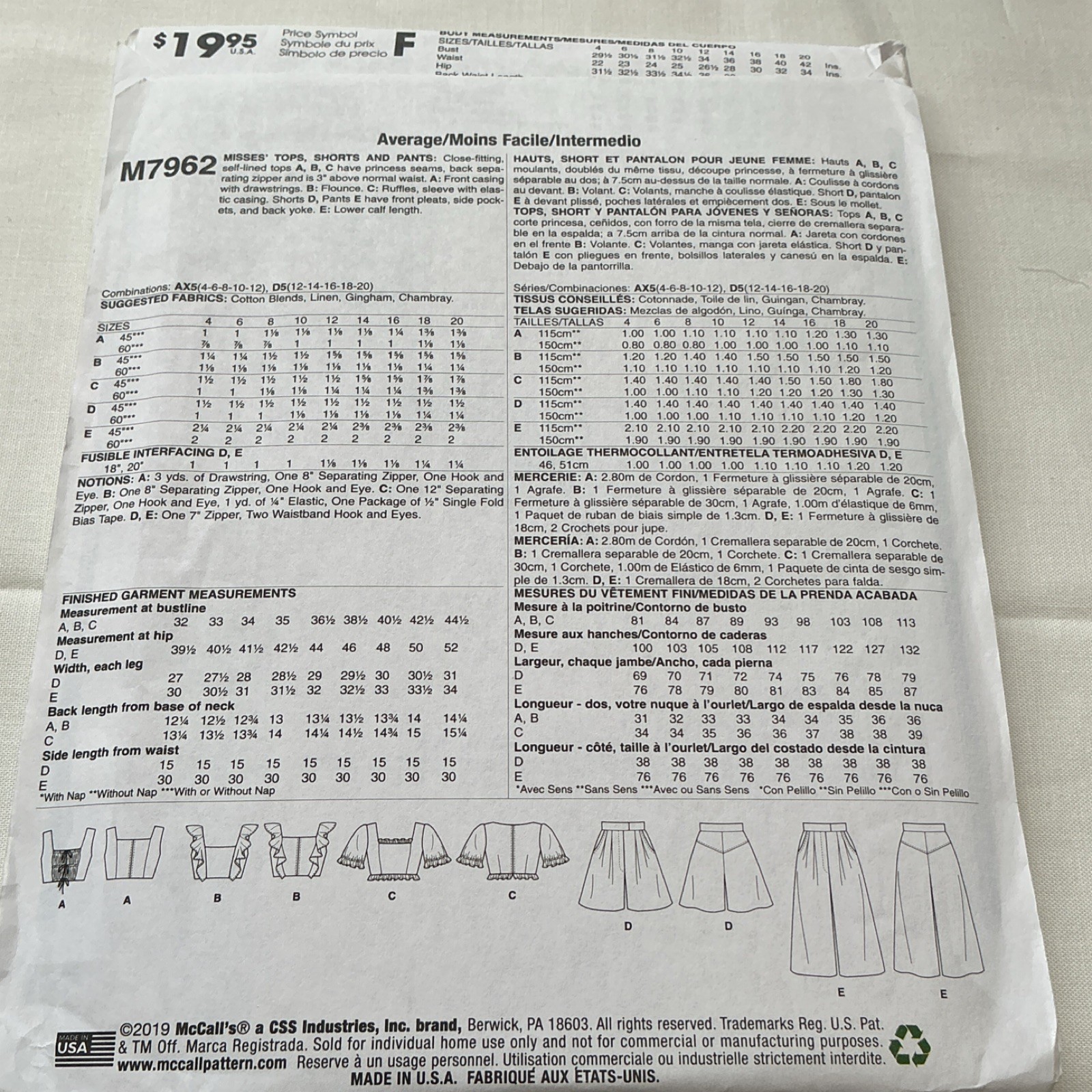 McCall’s M7962 Women’s Top, Shorts & Pants Sewing Pattern size D5 12-20