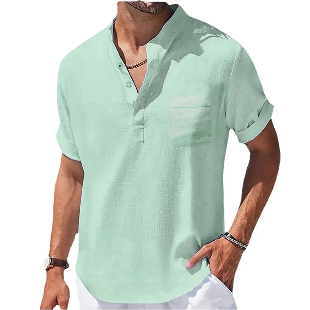 Mens Summer Cotton Linen Henley Shirt Lightweight Breathable Casual Tee Premium gallery