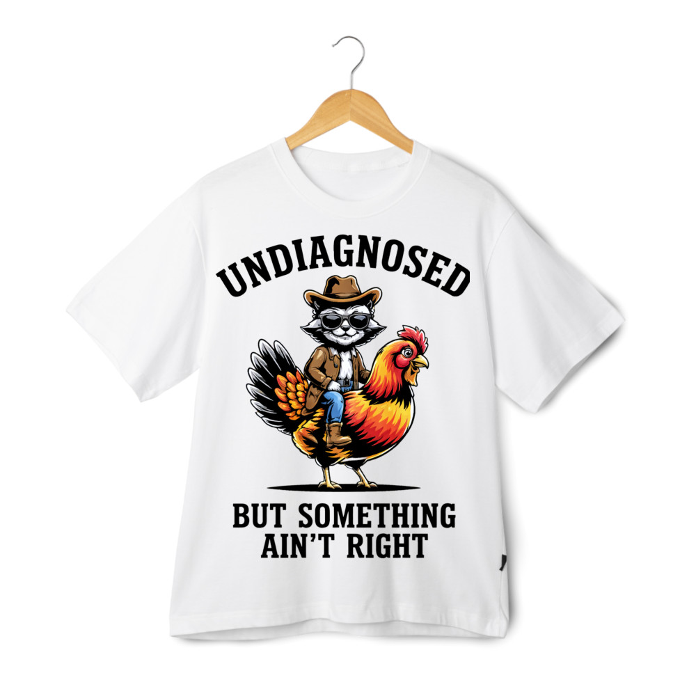 Undiagnosed Cowboy Cat Riding Chicken Print T-Shirt, Funny Western Casual Tee gallery