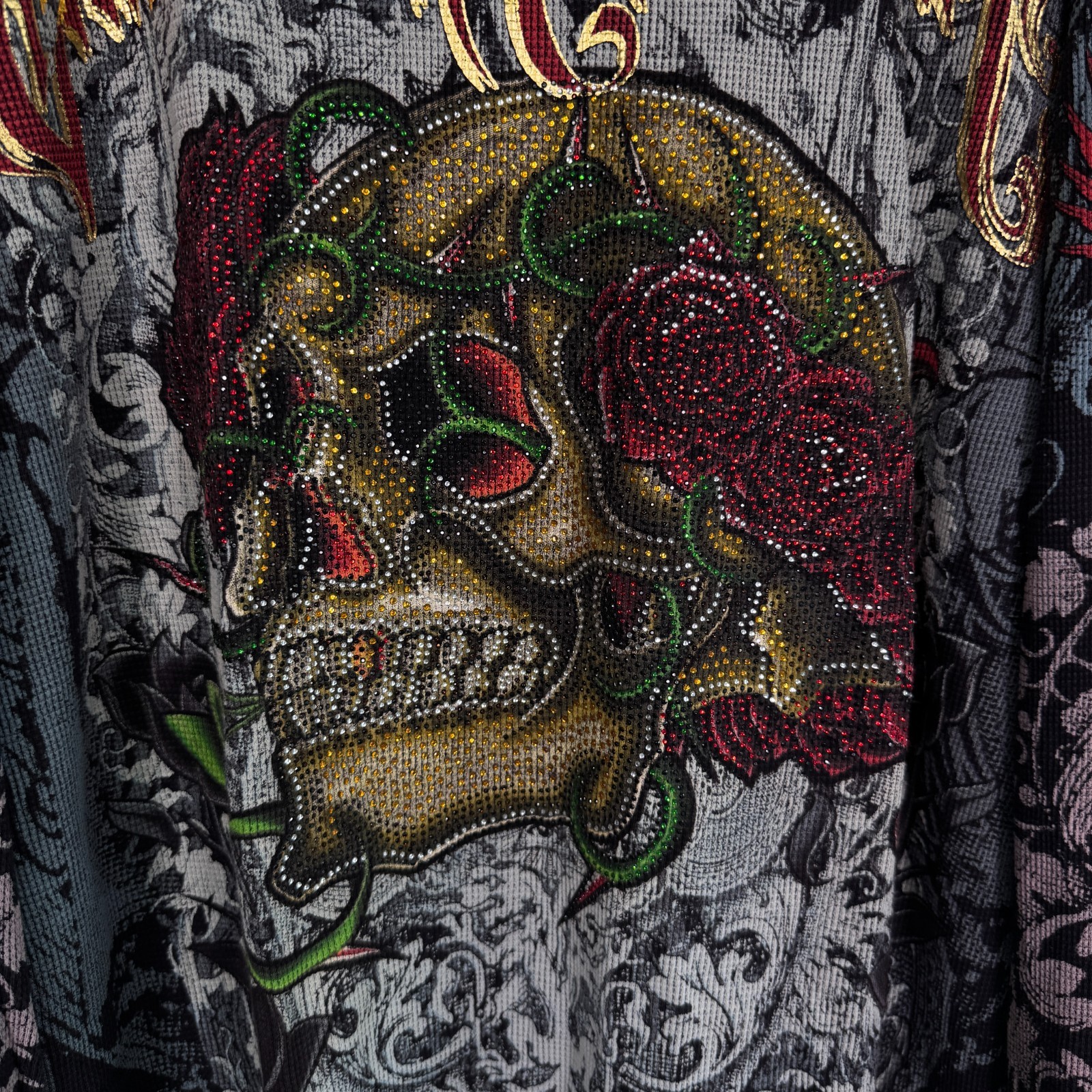 Christian Audigier Y2K Shirt Men XXL Thermal Long Sleeve Platinum Skull Rose 2XL gallery