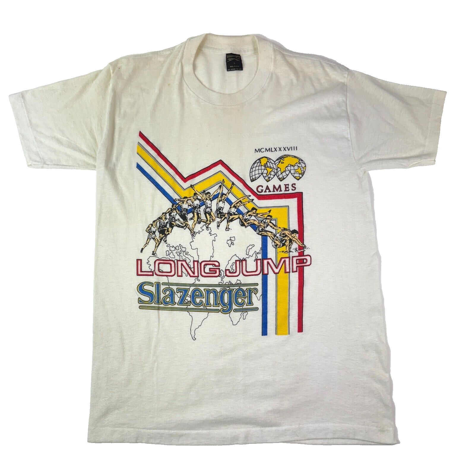 Vintage 80s Slazenger Mens T Shirt 1988 Summer Olympics Long Jump White Large gallery