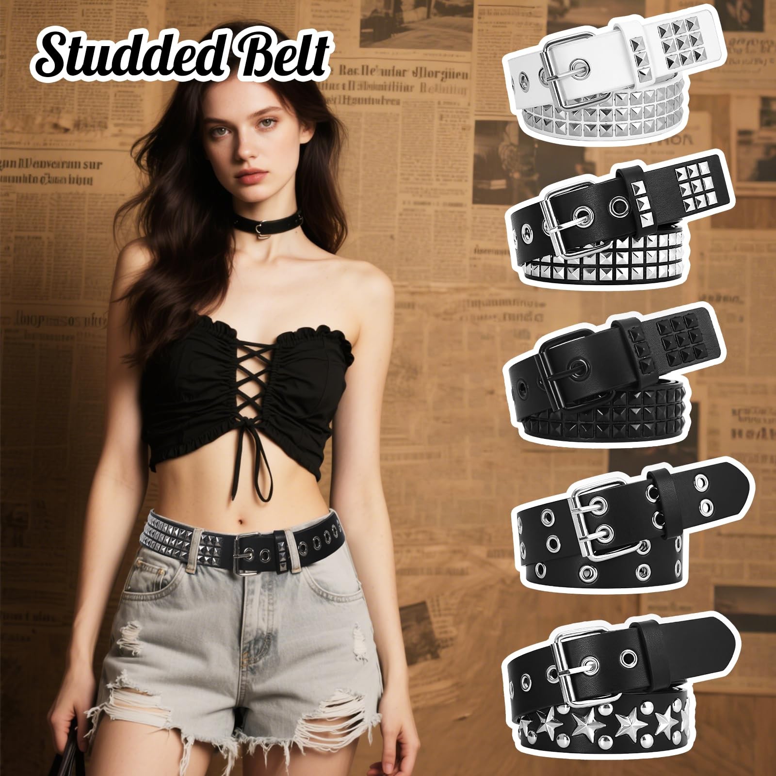 3 Pcs Studded Belt Y2K Metal Goth Punk Rock Rivet Belt with Bright Pyramid St... gallery
