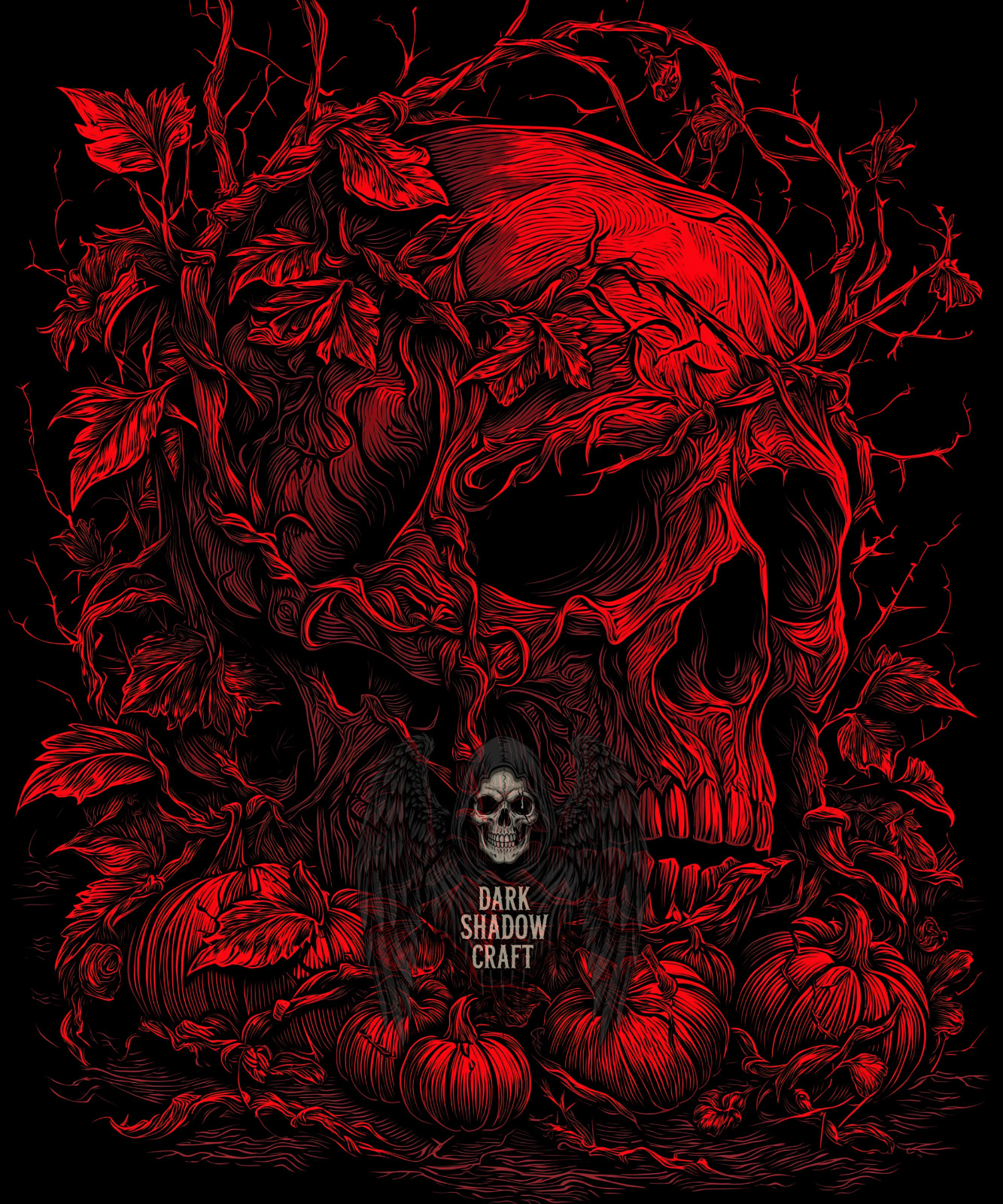 Gothic Skull Art - Thorny Rose Vines, Glowing Pumpkins & Red Halloween Glow gallery