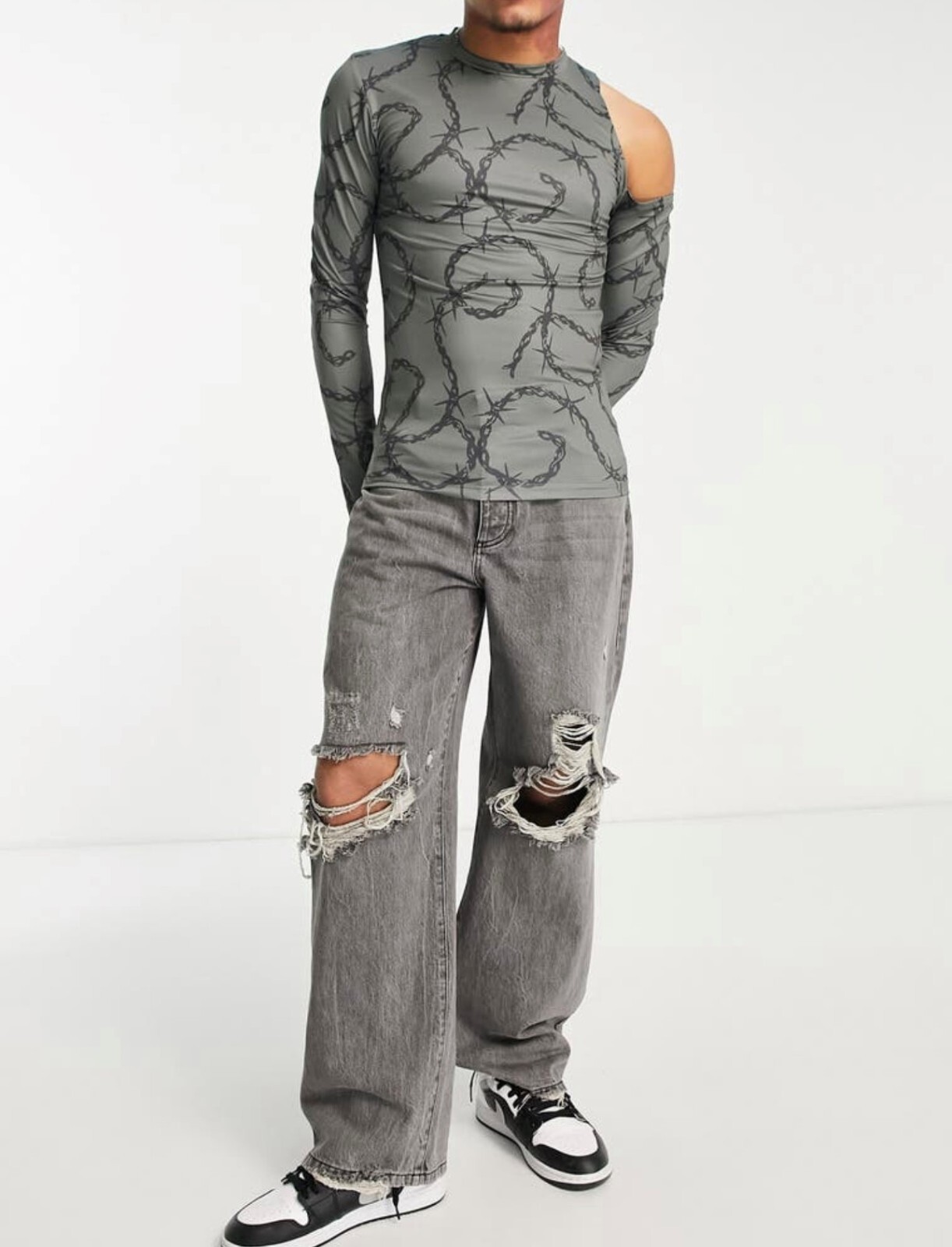 Men's ASOS Stretch Grey Long Sleeve Fitted Barbed Wire Shirt Size: Medium - NWT gallery