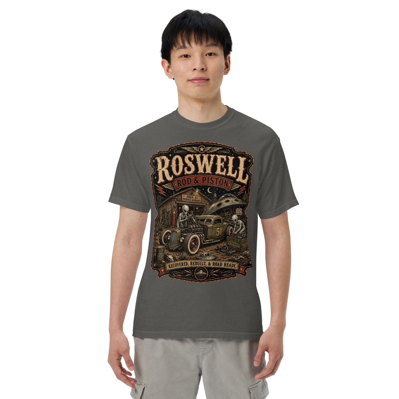 Roswell Rod & Piston Alien Garage T-Shirt Hot Rod Flying Saucer UFO Tee S-4XL gallery