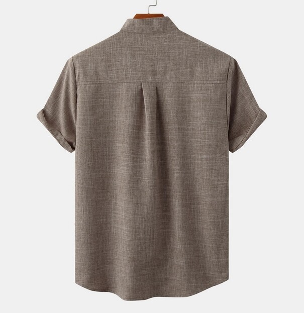 Mens Stand Collar Solid Color Shirt Casual Loose Button Short Sleeve Blouse Top gallery