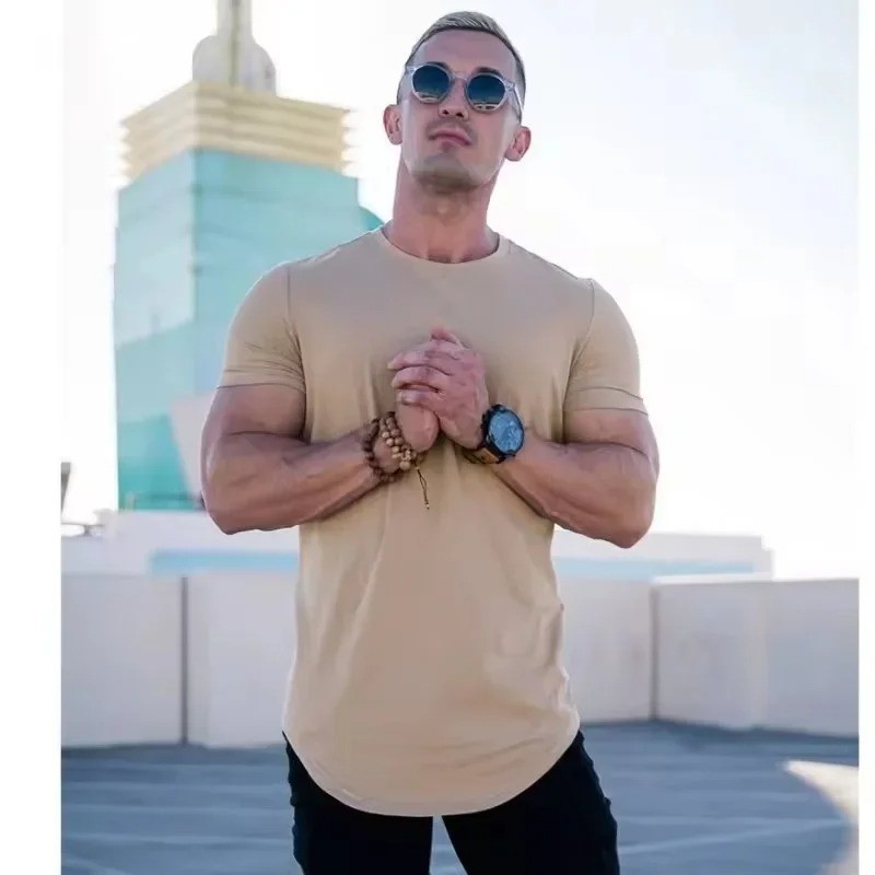Men Muscle Fitness T-Shirt Summer Cotton Gym Workout Short Sleeve Top gallery