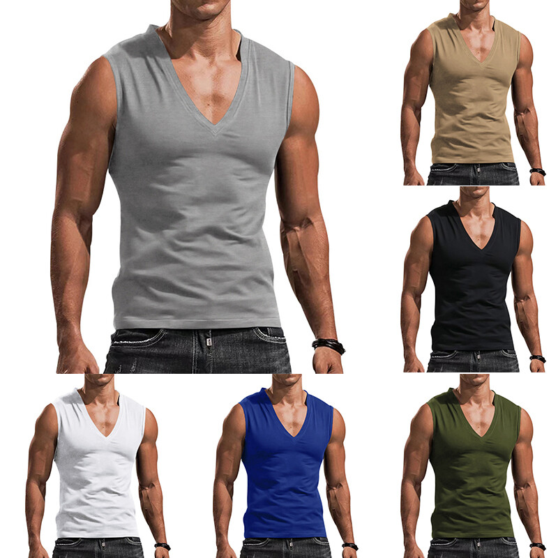 Mens Casual Camisole Sleeveless T-Shirt Solid Color V-Neck Vest Muscle Tank Tops gallery