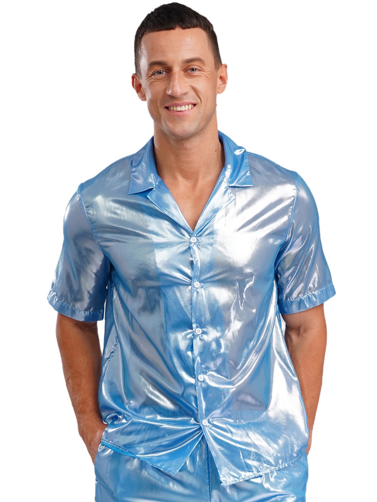 Mens Shiny Metallic Top PVC Leather Wet Look T-Shirt Halloween Beach Pool Party