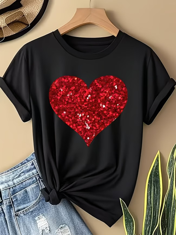 Red Sequin Heart Pattern T-Shirt | Crew Neck, Slight Stretch Fabric, Casual Styl