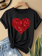Red Sequin Heart Pattern T-Shirt | Crew Neck, Slight Stretch Fabric, Casual Styl