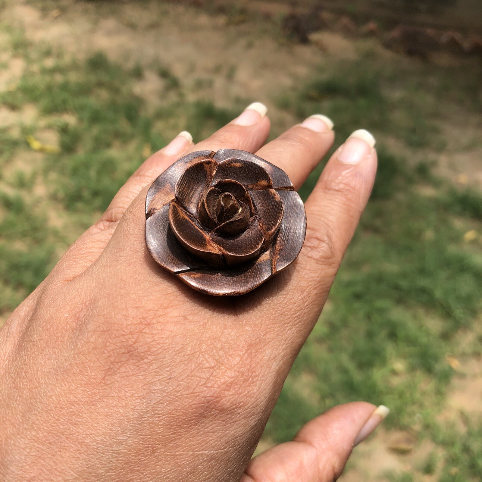 Kadamb Wood Rose Flower Carved Handmade Ring, 35 mm dia, US 9 Ring Size, D5