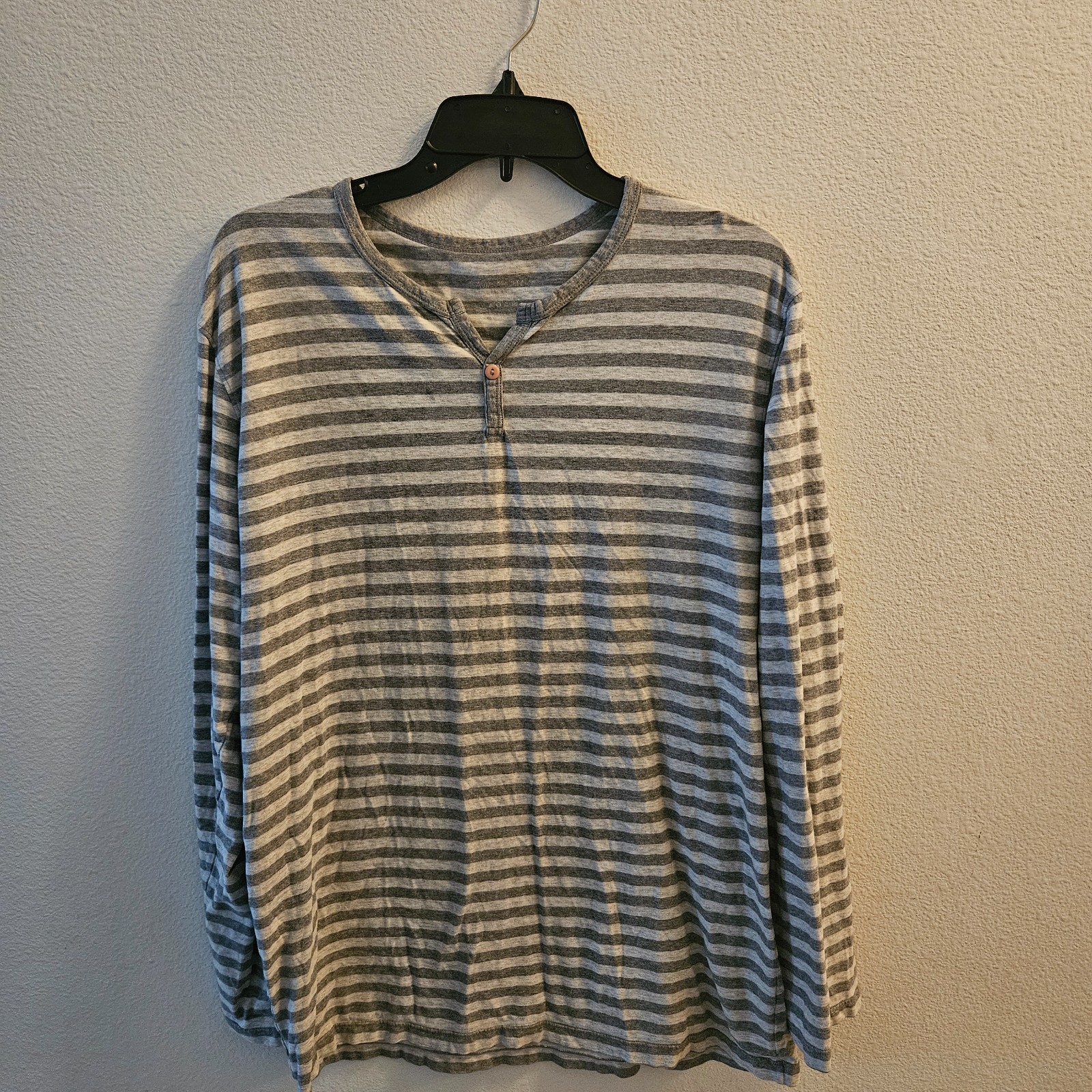 David Archy Men's Shirt Large Gray Striped Casual Long Sleeve Cotton Henley gallery