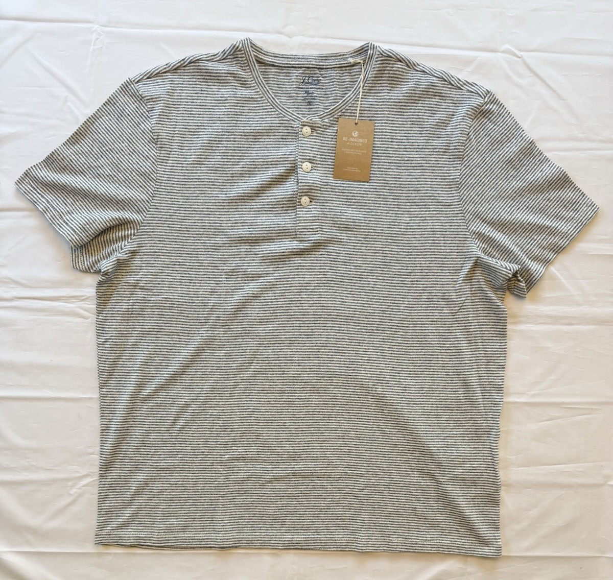 NWT J. Crew Hemp Cotton Blend Henley Shirt Men’s XL White Striped Short Sleeve