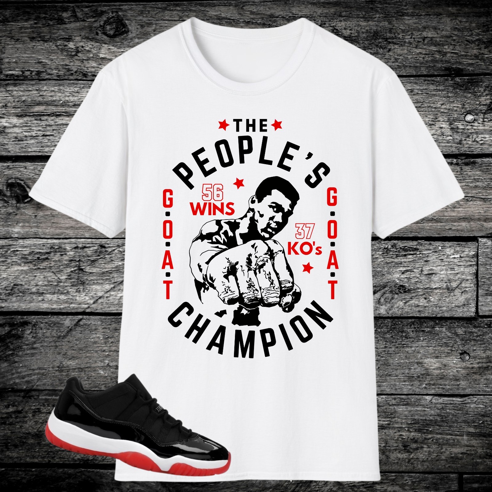 Jordan 11 Bred Low Sneaker Match Shirt, University Red White Black