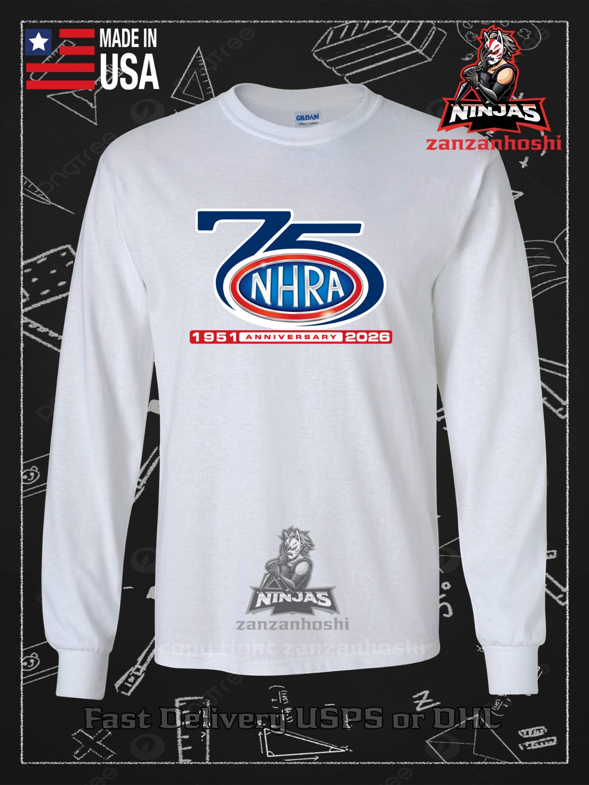 NHRA 75th Anniversary Logo Men's Long Sleeve American Size S-5XL T-Shirt gallery