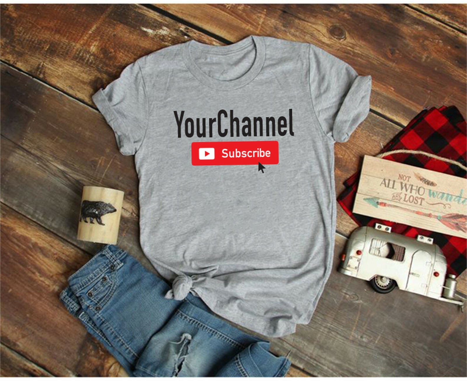 SUBSCRIBE YOUTUBE Your Channel Custom T-Shirt - Your Text Your Text - White Gray gallery