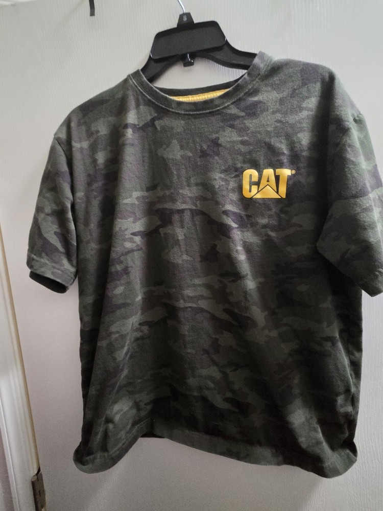 CAT Men’s L Regular Green Black Yellow Camo Logo Crew Neck Short Sleeve T-Shirt