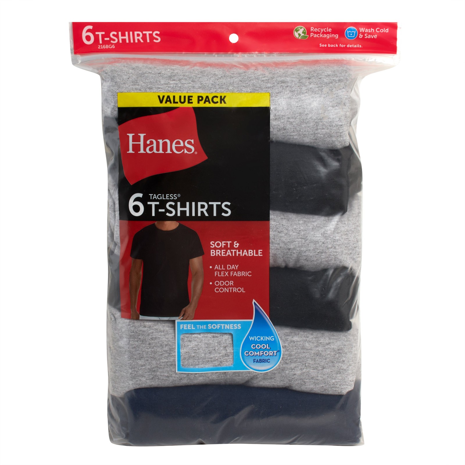 Hanes T-Shirt 6-Pack Men's ComfortSoft TAGLESS Crewneck Short Sleeve Tee Value gallery